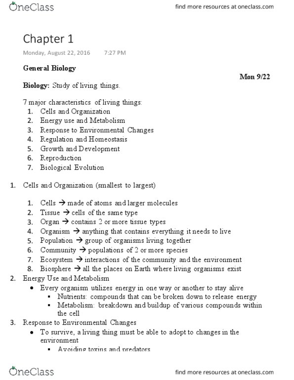 BIOL 2051 Lecture Notes - Lecture 1: Homeostasis, Organism, Archaea thumbnail