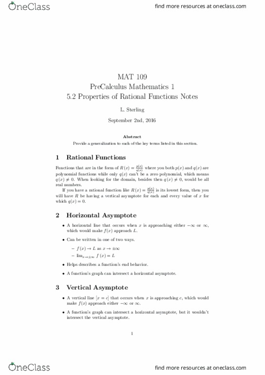 MAT 109 Lecture 9: 5.2 Properties of Rational Functions Notes thumbnail