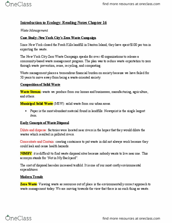 BIO SCI 55 Chapter Notes - Chapter 16: Municipal Solid Waste, Sewage Sludge, Fresh Kills Landfill thumbnail