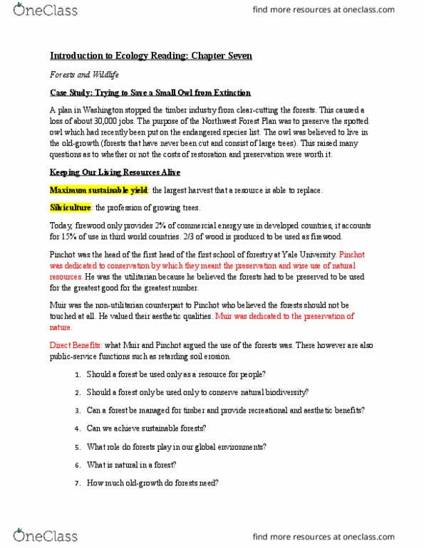 BIO SCI 55 Chapter Notes - Chapter 7: Northwest Forest Plan, Maximum Sustainable Yield, Shelterwood Cutting thumbnail