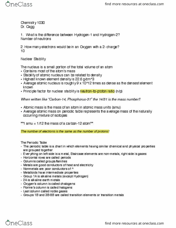 CHEM 1030 Lecture Notes - Lecture 3: List Of Chemical Elements, Atomic Nucleus, Atomic Mass thumbnail