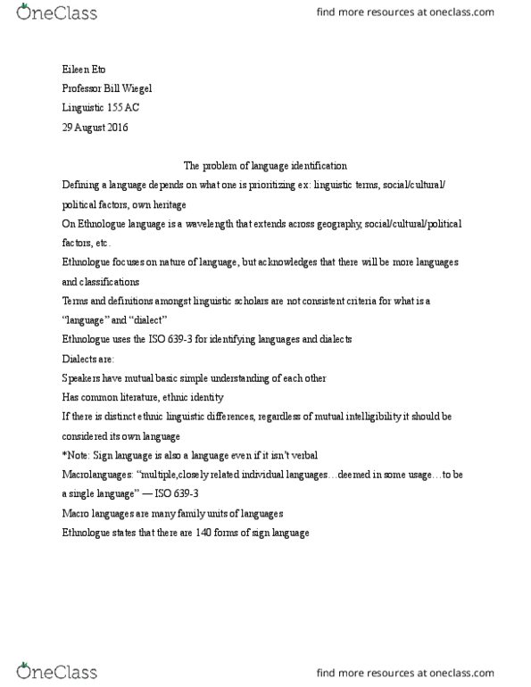 LINGUIS 155AC Chapter Notes - Chapter 0: Ethnologue, Sign Language, Mutual Intelligibility thumbnail