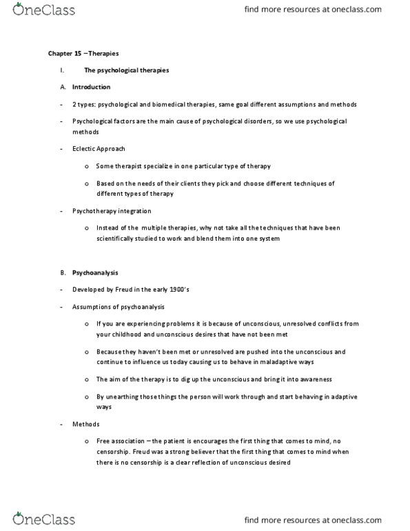 PSY 1102 Lecture Notes - Lecture 7: Psychodynamic Psychotherapy, Cognitive Therapy, Group Psychotherapy thumbnail