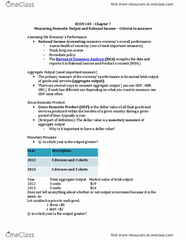 ECON103 Lecture Notes - Lecture 2: Gross Domestic Product, Personal Consumption Expenditures Price Index, Income Approach thumbnail