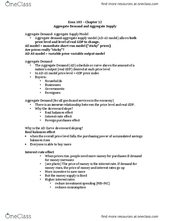 ECON103 Lecture Notes - Lecture 7: Aggregate Supply, Aggregate Demand, Money Supply thumbnail