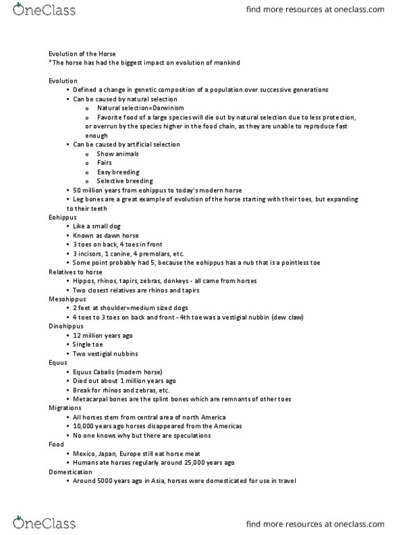 ANS 3216 Lecture Notes - Lecture 1: Eohippus, Dewclaw, Dinohippus thumbnail