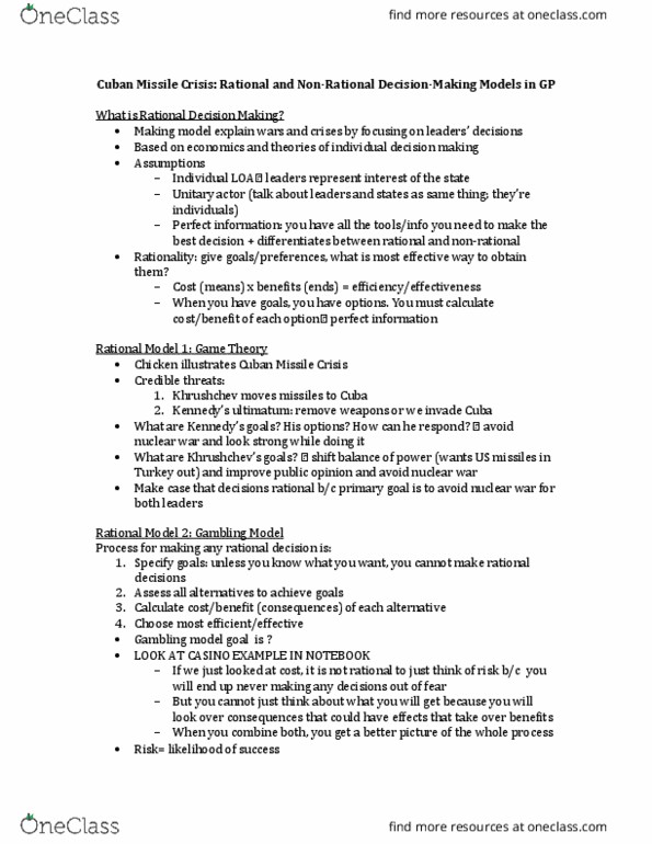 POSC240 Lecture Notes - Lecture 12: Cuban Missile Crisis, Nikita Khrushchev, Security Dilemma thumbnail