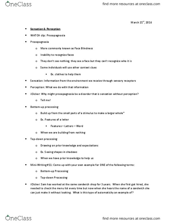 PSY 100 Lecture Notes - Lecture 21: Prosopagnosia, Sensory Neuron, Absolute Threshold thumbnail