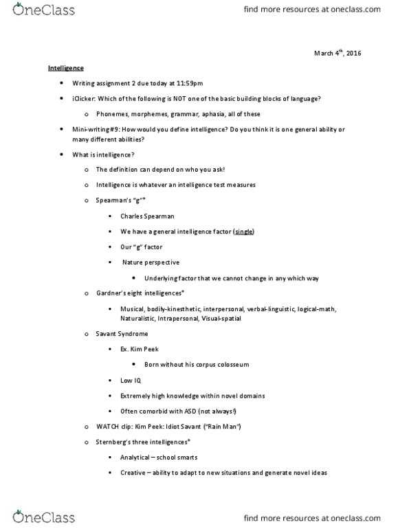 PSY 100 Lecture Notes - Lecture 18: Kim Peek, Savant Syndrome, Social Intelligence thumbnail