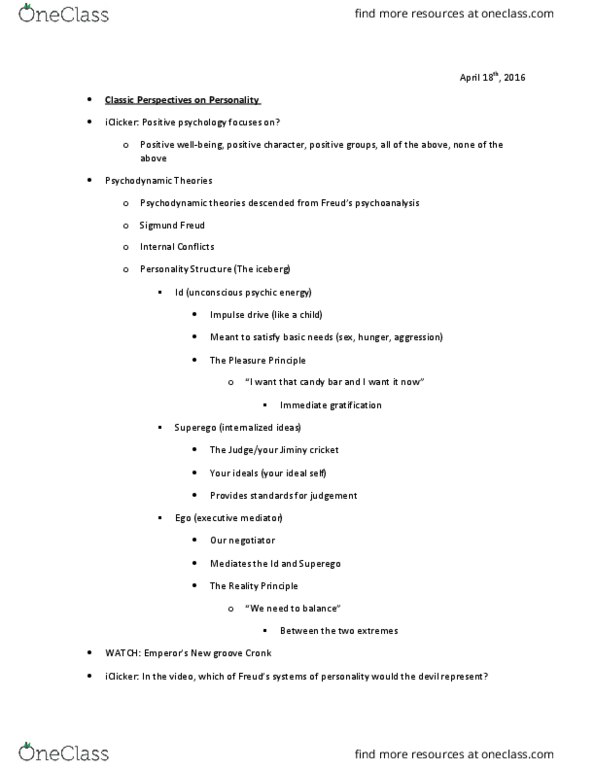 PSY 100 Lecture Notes - Lecture 31: Delayed Gratification, Sigmund Freud, Positive Psychology thumbnail