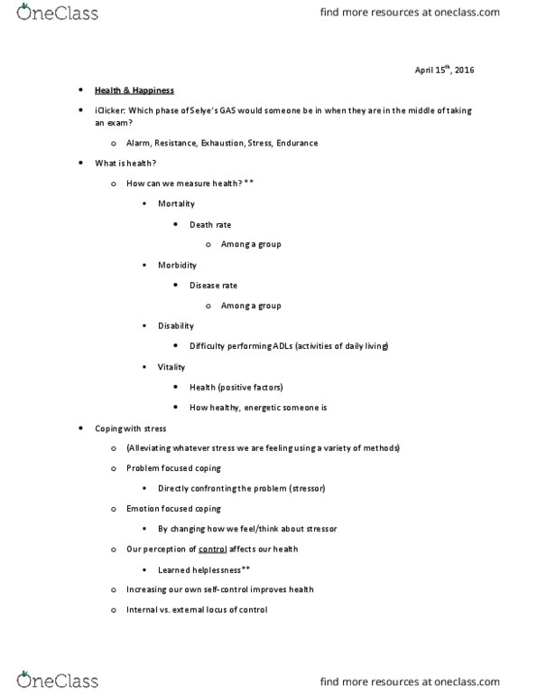 PSY 100 Lecture Notes - Lecture 30: Learned Helplessness, Longitudinal Study, Positive Psychology thumbnail