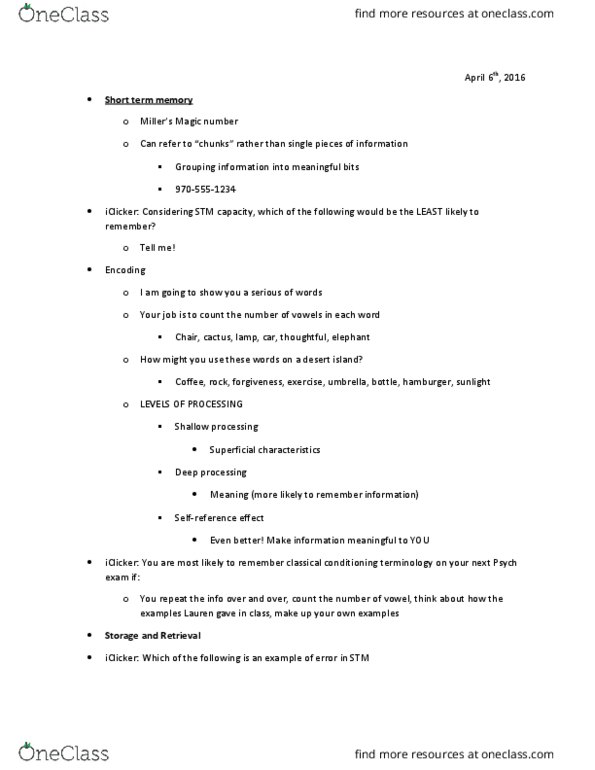 PSY 100 Lecture Notes - Lecture 27: Operant Conditioning Chamber, Short-Term Memory, Explicit Memory thumbnail