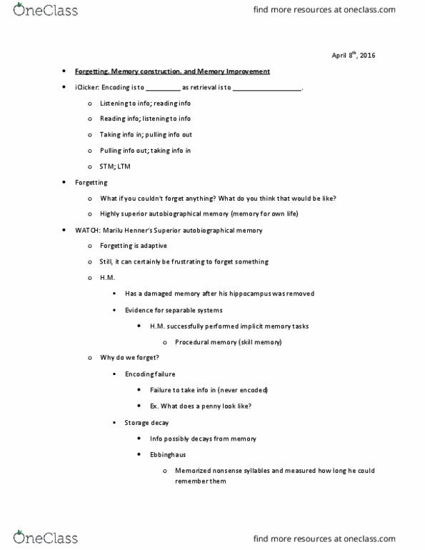 PSY 100 Lecture Notes - Lecture 28: Autobiographical Memory, Implicit Memory, Procedural Memory thumbnail