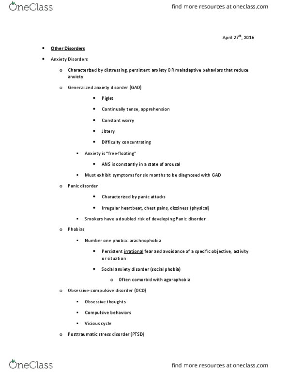 PSY 100 Lecture Notes - Lecture 35: Posttraumatic Stress Disorder, Acute Stress Reaction, Generalized Anxiety Disorder thumbnail