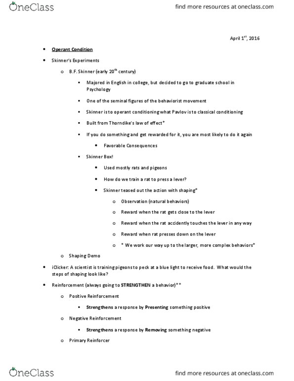 PSY 100 Lecture Notes - Lecture 26: Operant Conditioning Chamber, Behaviorism, Operant Conditioning thumbnail