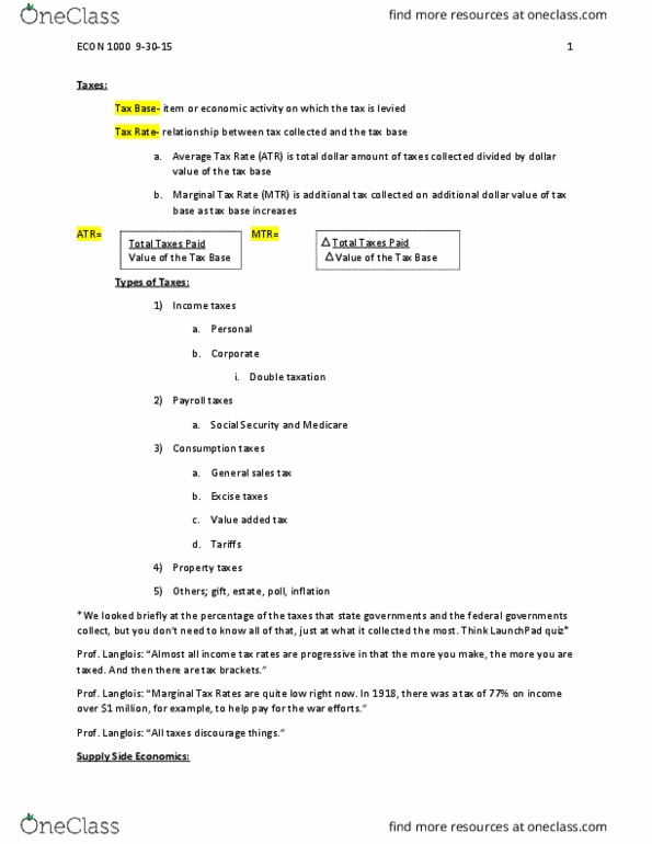 ECON 1000 Lecture Notes - Lecture 10: Sales Tax, Tax Rate, Double Taxation thumbnail