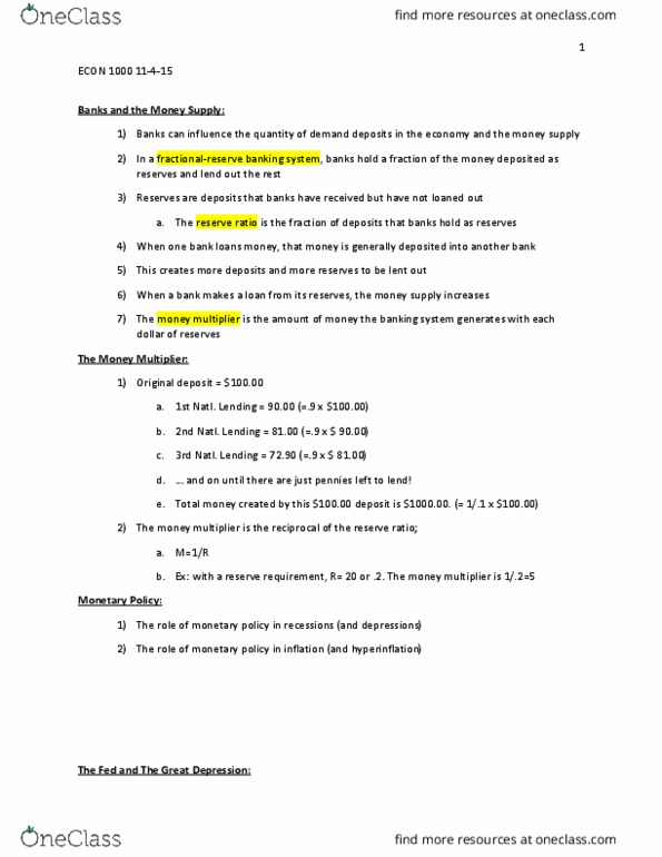 ECON 1000 Lecture Notes - Lecture 19: Money Multiplier, Reserve Requirement, Money Supply thumbnail