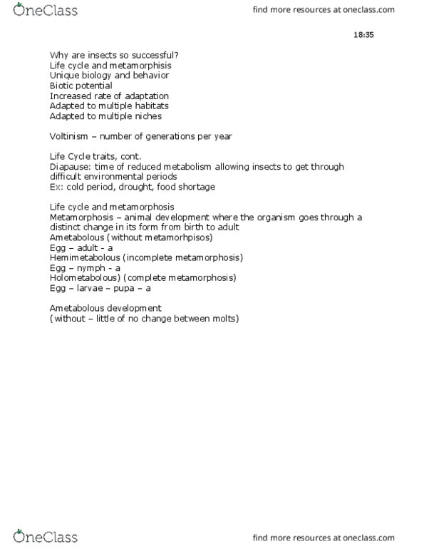 ISB 201 Lecture Notes - Lecture 2: Hemimetabolism, Diapause, Pupa thumbnail