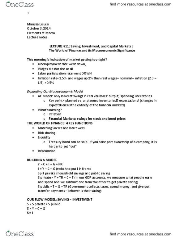 AS.180.101 Lecture Notes - Lecture 11: Real Interest Rate, Loanable Funds, Fisher Equation thumbnail