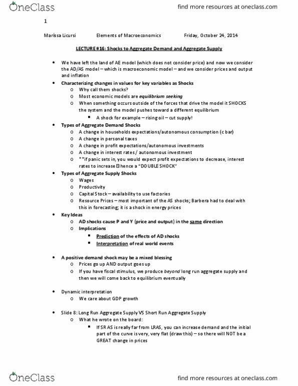 AS.180.101 Lecture Notes - Lecture 16: Aggregate Supply, Demand Shock, Aggregate Demand thumbnail