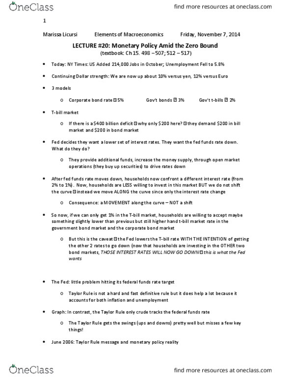 AS.180.101 Lecture Notes - Lecture 19: Federal Funds Rate, Taylor Rule, Open Market Operation thumbnail
