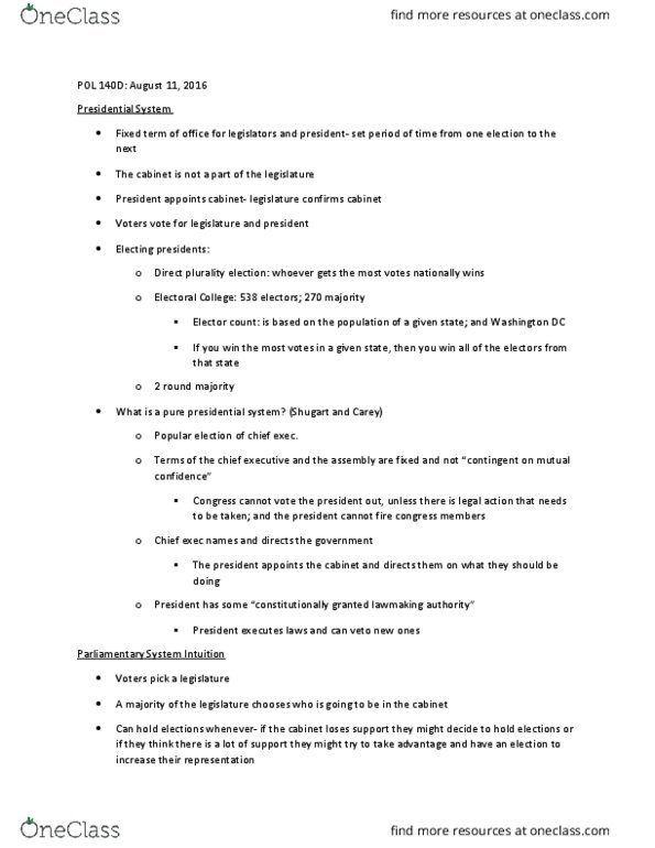 POL 140D Lecture Notes - Lecture 8: Presidential System thumbnail