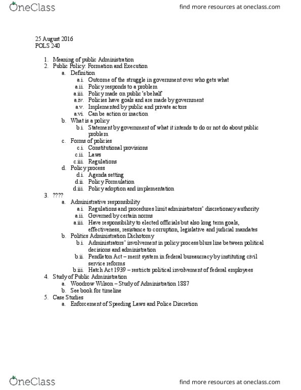 POLS 240 Lecture Notes - Lecture 2: Pendleton Civil Service Reform Act, Merit System thumbnail