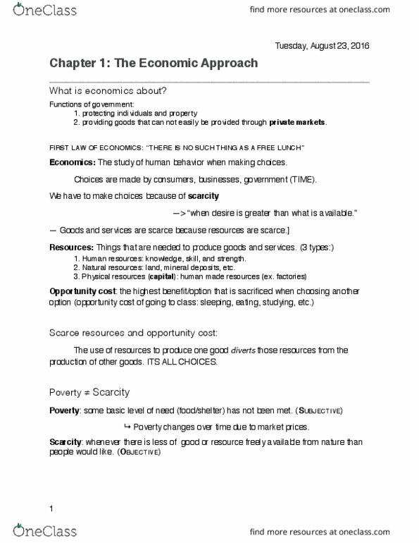 ECON 201 Lecture Notes - Lecture 1: Opportunity Cost, Human Resources thumbnail