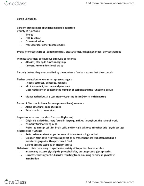 CHM 33300 Lecture Notes - Lecture 1: Tetrose, Pentose, Glucose thumbnail