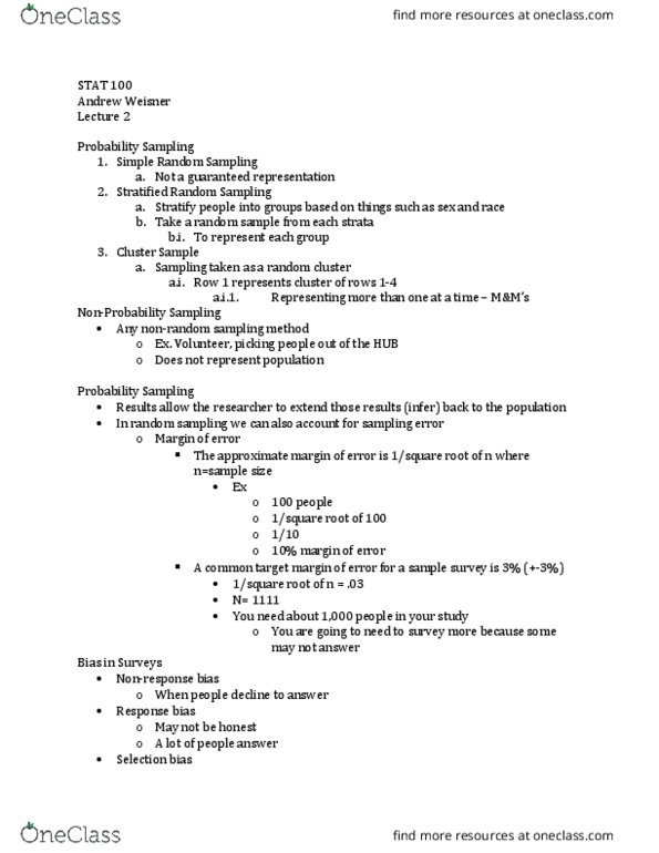 STAT 100 Lecture Notes - Lecture 2: Response Bias, Selection Bias thumbnail