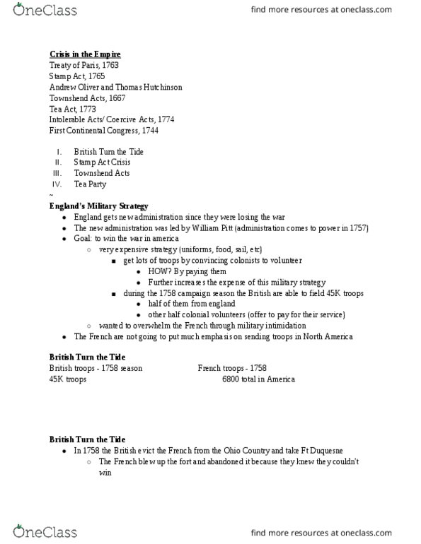 HIST 1376 Lecture Notes - Lecture 12: First Continental Congress, Townshend Acts, Tea Act thumbnail