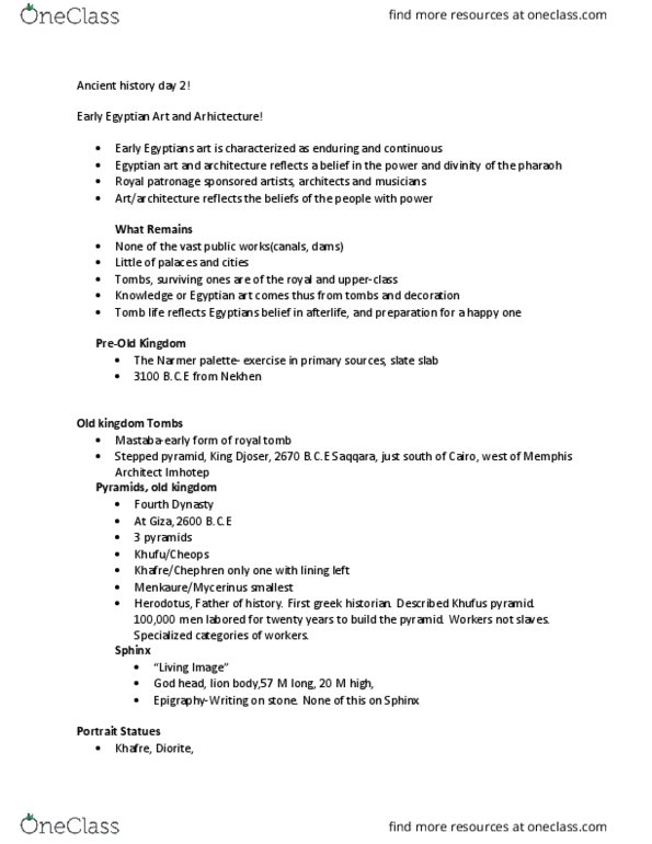HIST 1024 Lecture Notes - Lecture 2: Narmer Palette, Fourth Dynasty Of Egypt, Nekhen thumbnail