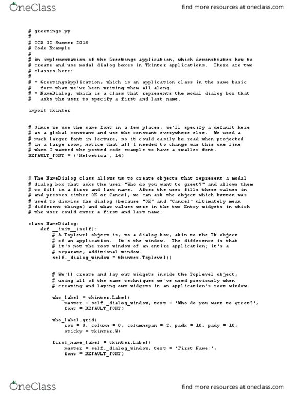 I&C SCI 32 Lecture Notes - Lecture 18: Dialog Box, Root Window, Tkinter thumbnail