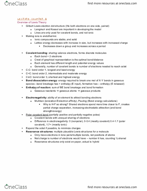 CHEM 110 Lecture Notes - Lecture 8: Bond-Dissociation Energy, Molecular Geometry, Covalent Bond thumbnail