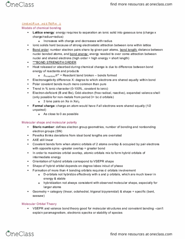 CHEM 110 Lecture Notes - Lecture 13: Bond-Dissociation Energy, Valence Bond Theory, Orbital Hybridisation thumbnail