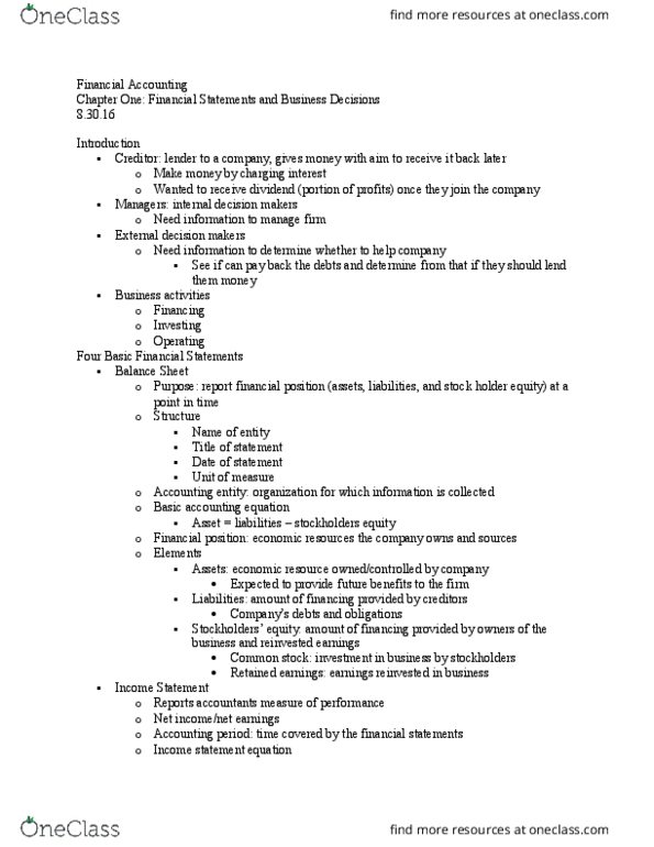 ACCT1021 Chapter Notes - Chapter 1: Net Income, Financial Statement, Retained Earnings thumbnail