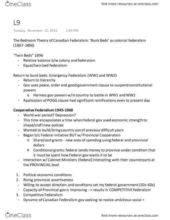 Political Science 2230E Lecture Notes - Lecture 9: Cooperative Federalism, Constitution Act, 1982, Canadian Federalism thumbnail