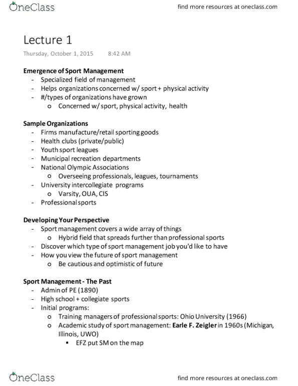 Kinesiology 2298A/B Lecture Notes - Lecture 1: Gross Regional Domestic Product, Sport Management, The City Record thumbnail