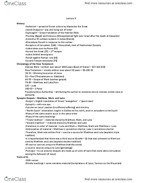 ENGLIT 0597 Lecture Notes - Lecture 9: Synoptic Gospels, Hasmonean Dynasty, Jewish Diaspora thumbnail