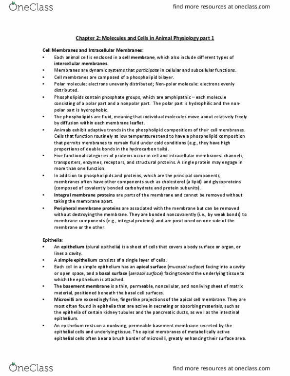 BIOB34H3 Chapter Notes - Chapter 2: Peripheral Membrane Protein, Lipid Bilayer, Intestinal Epithelium thumbnail