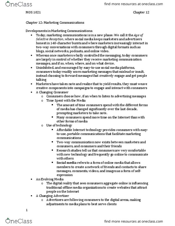 Management and Organizational Studies 1021A/B Chapter Notes - Chapter 12: Integrated Marketing Communications, Free Newspaper, Inbound Marketing thumbnail