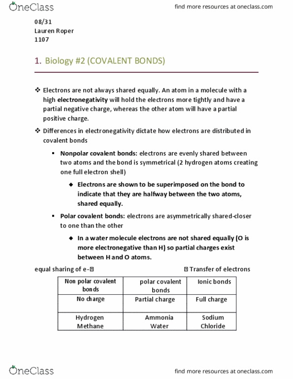 BIOL 1107 Lecture Notes - Lecture 2: Partial Charge, Chemical Polarity, Electron Shell thumbnail