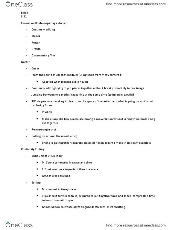 EMST 3010 Lecture Notes - Lecture 6: 180-Degree Rule, Continuity Editing, Studio System thumbnail