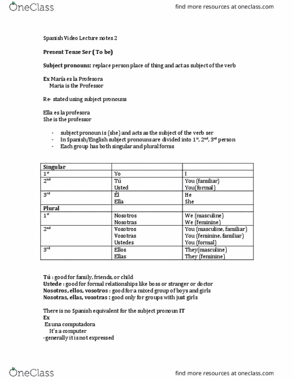 SPAN 101 Lecture Notes - Lecture 2: Preposition And Postposition, Regular And Irregular Verbs thumbnail