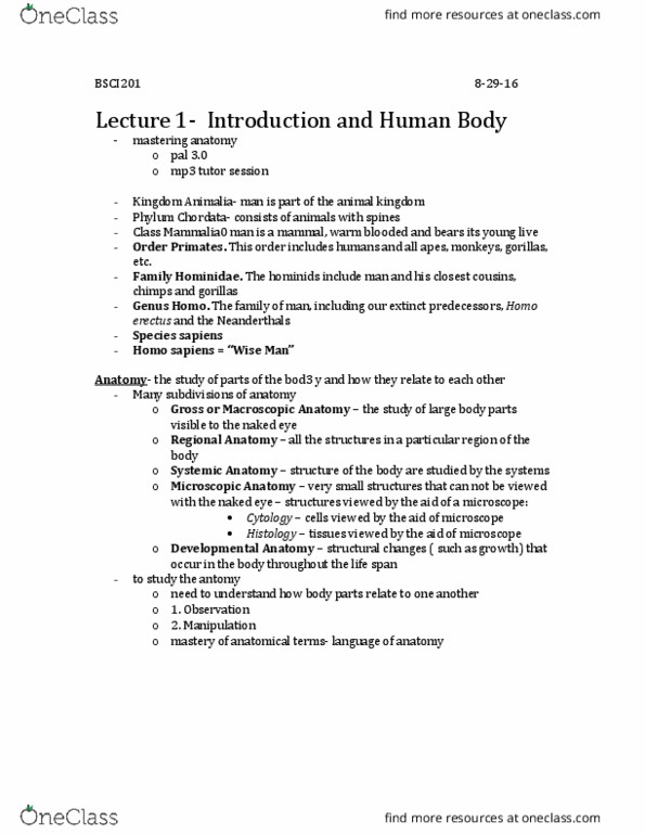 BSCI 201 Lecture Notes - Lecture 1: Homo Erectus, Serous Membrane, Spinal Cord thumbnail