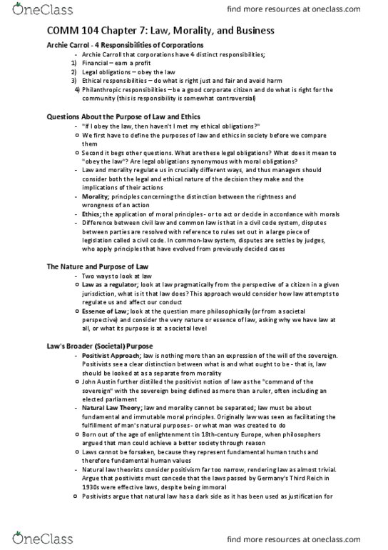 COMM 104 Chapter Notes - Chapter 7: Constitutional Law, Legal Fiction, Business Ethics thumbnail