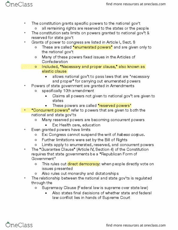 POLS 120 Chapter Notes - Chapter 3.2: Supremacy Clause, Enumerated Powers, Article Four Of The United States Constitution thumbnail