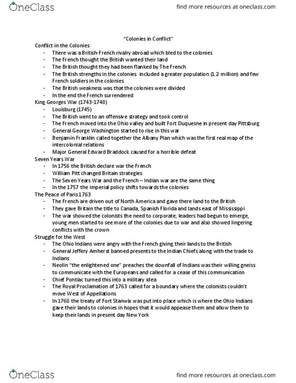 HIST 1103 Lecture Notes - Lecture 5: Edward Braddock, Albany Plan, Neolin thumbnail