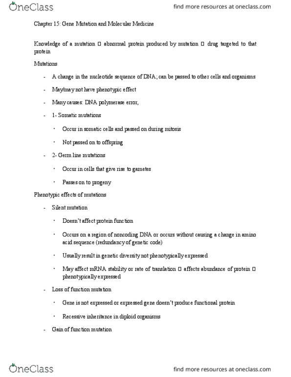 BIOS10162 Lecture Notes - Lecture 15: Missense Mutation, Sickle-Cell Disease, Nonsense Mutation thumbnail