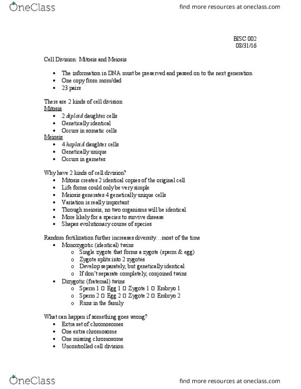 BI SC 002 Lecture Notes - Lecture 3: Conjoined Twins, Zygote, Meiosis thumbnail